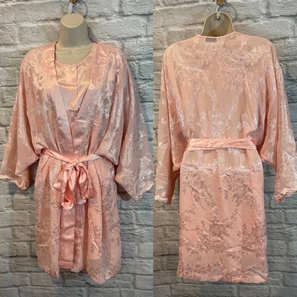 Vintage Natori Neiman Marcus Pink Satin Embroidered Nightgown/Robe Set Sz Small